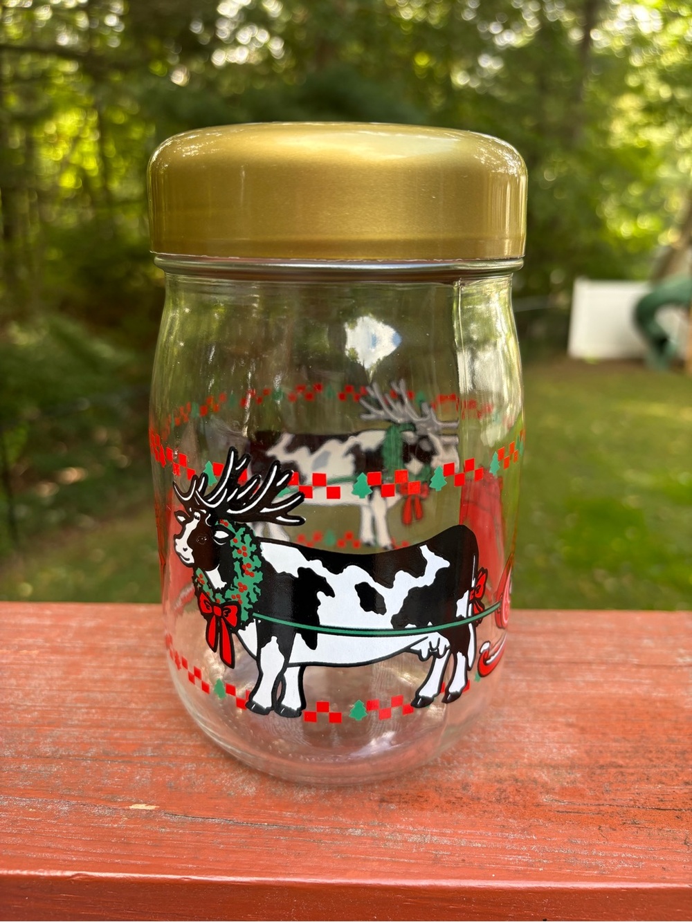 Vintage Holiday Cow Reindeer Glass Jar with Gold Lid